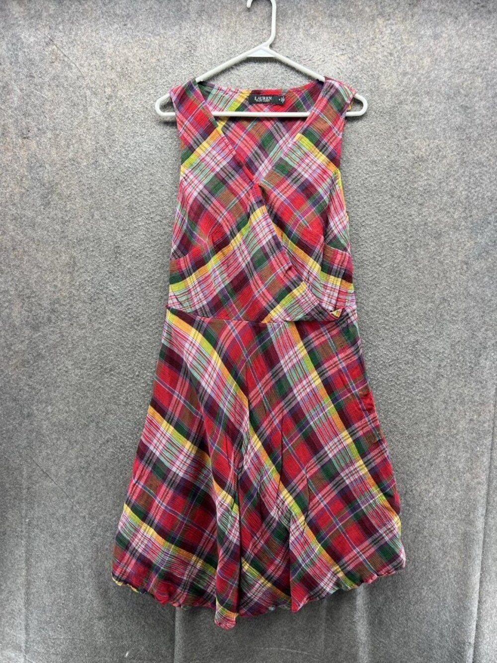 Lauren Ralph Lauren Dress Womens 8 Multicolor Plaid V Neck Sundress Fit Flare